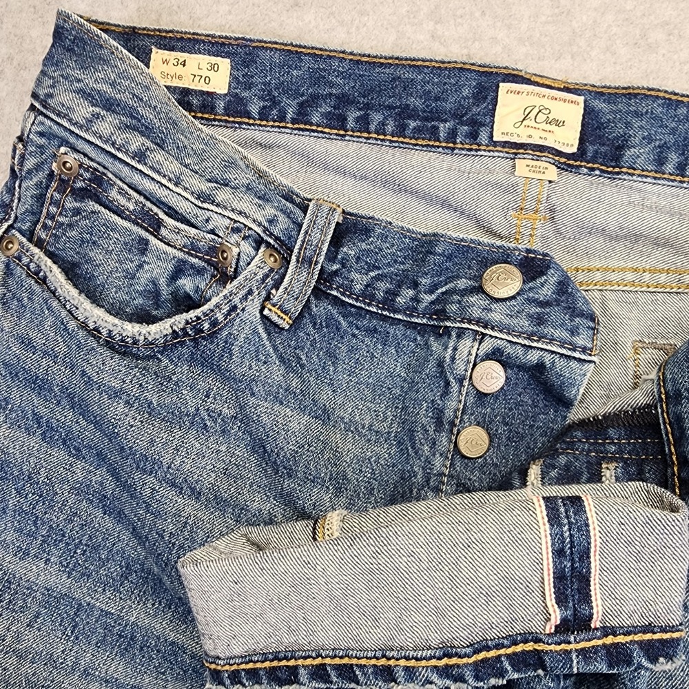 J Crew 770 Japanese Kaihara Selvedge Denim Jeans Mens 34x30 Blue Distressed